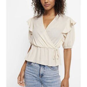 Express Women's Faux Wrap Puff Sleeve Peplum Top Sandshell Size XS - NWT $54